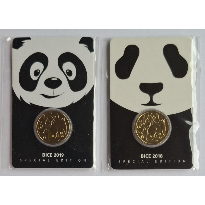 2018 + 2019 'BICE' $1 Special edition PANDA carded coin set