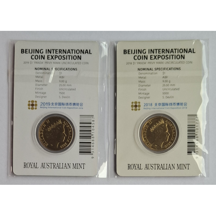 2018 + 2019 'BICE' $1 Special edition PANDA carded coin set