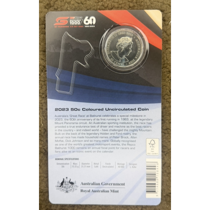 2023 50c Bathurst 1000 60th Anniversary Coloured Coin in Card – RAM Uncirculated