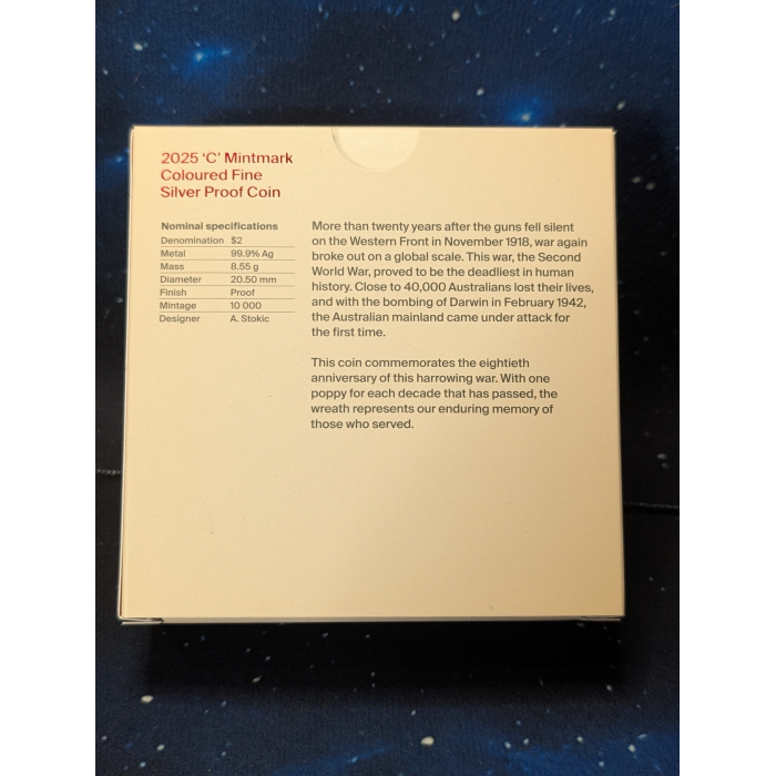 2025 $2 'C' Coloured Fine Silver Proof Coin 80th Anniversary WWII -