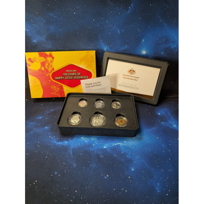 2023 " 100 YEARS OF VEGEMITE " 6 COIN PROOF SET COLOURED $1 COIN 