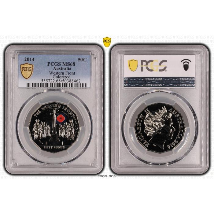2014  50c  AUSTRALIA AT WAR THE WESTERN FRONT COLORIZED PCGS MS68