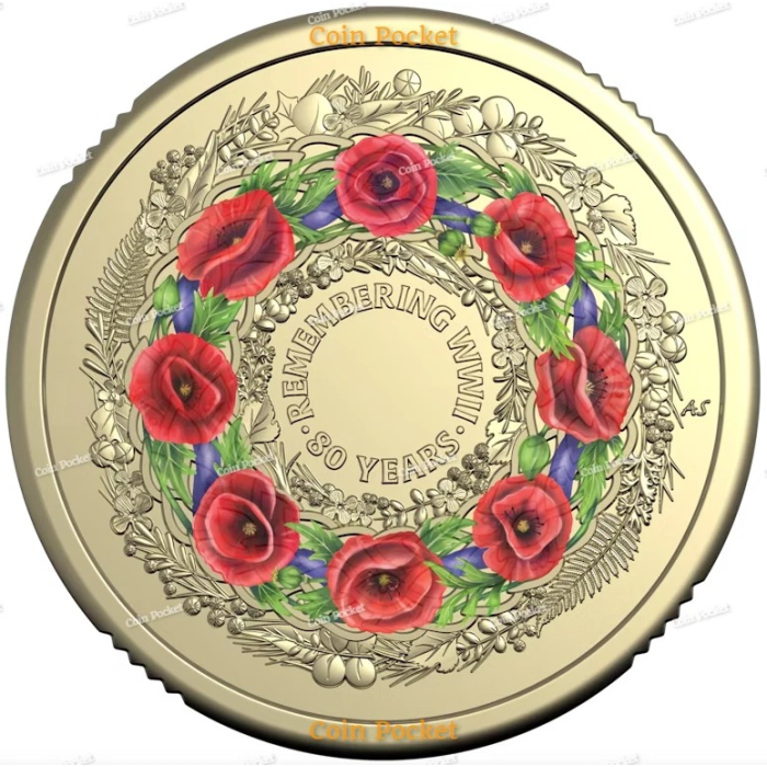 Remembering WWII 80 Years Wreath Remembrance Red Poppy Two Dollar $2 Coin - UNC