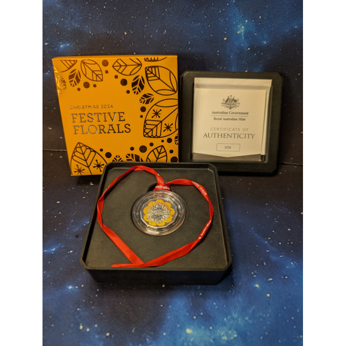 CHRISTMAS 2024 FESTIVE FLORALS 50c COLOURED FINE SILVER PROOF COIN