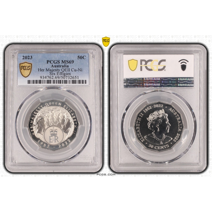 2023 50c HER MAJESTY QEII SIX EFFIGIES PCGS MS69