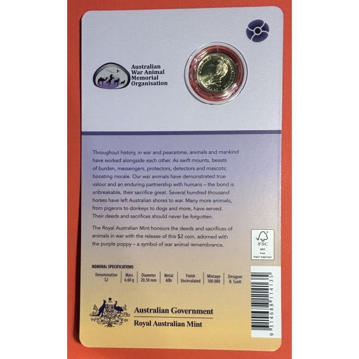 2024 $2 “C” MINTMARK Coloured Uncirculated Coin  - Animals in War Purple Poppy