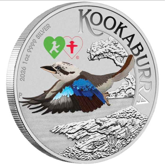 Australian Kookaburra 2026 1oz Silver Coloured Coin with Double Amplemann Privy