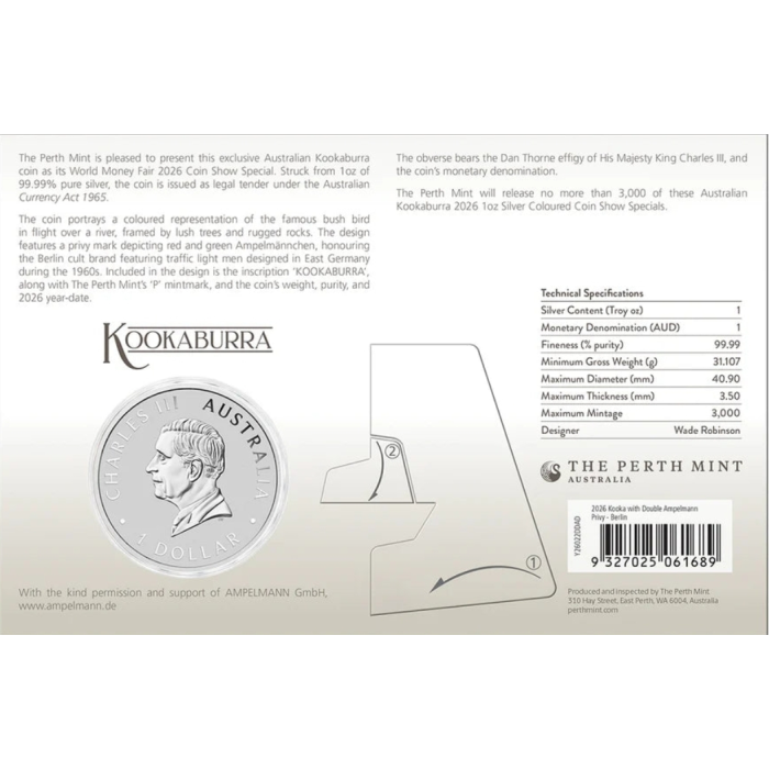 Australian Kookaburra 2026 1oz Silver Coloured Coin with Double Amplemann Privy