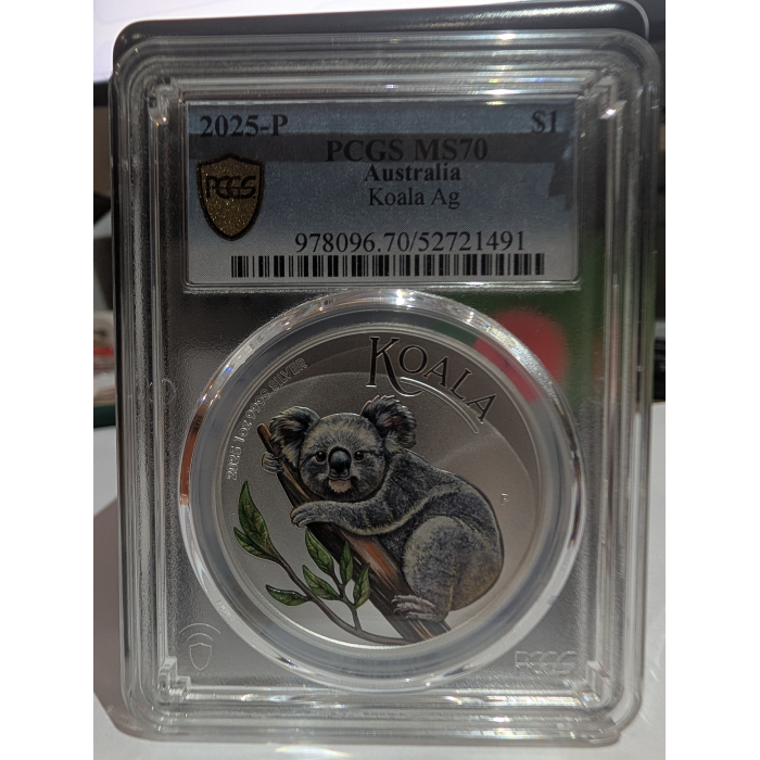 2025-P Koala Ag $1 PCGS MS70 Colourised ANDA BRISBANE Money Expo #001