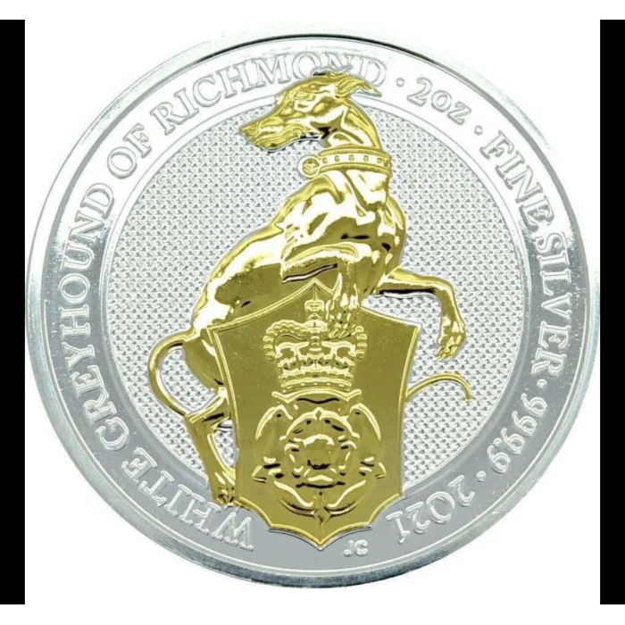 WHITE GREYHOUND OF RICHMOND Gilded Queen Beasts 2 Oz Silver Coin. 2021 £5