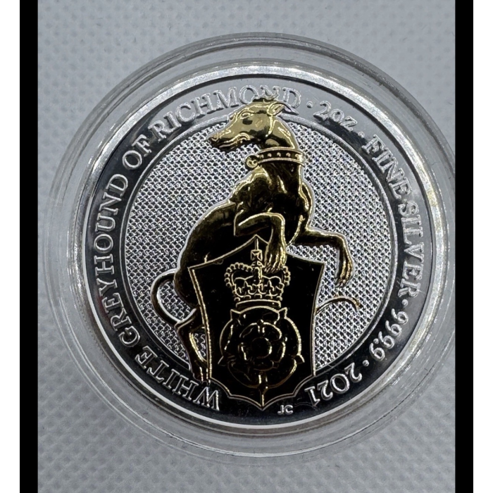 WHITE GREYHOUND OF RICHMOND Gilded Queen Beasts 2 Oz Silver Coin. 2021 £5