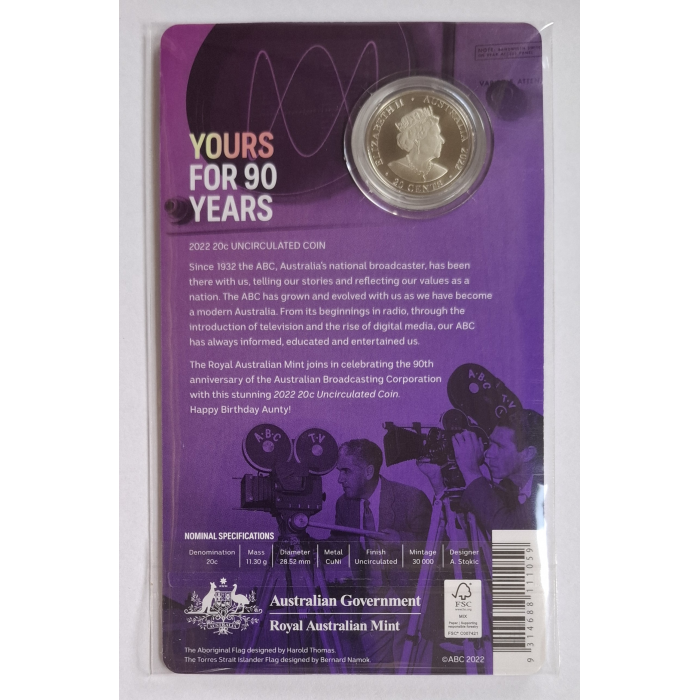 2022 20c 90 Years of The ABC carded coin