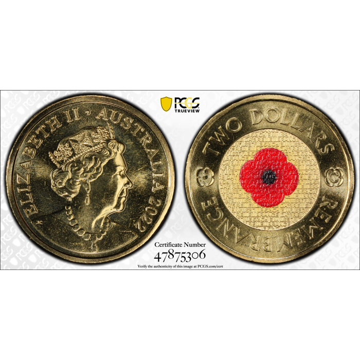 2022-C Australia $2 Dollar Red Poppy Coin - Remembrance Day - PCGS Graded MS67