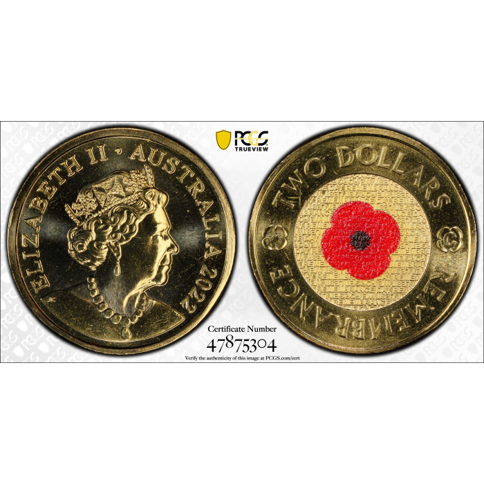 2022-C Australia $2 Dollar Red Poppy Coin - Remembrance Day - PCGS Graded MS67