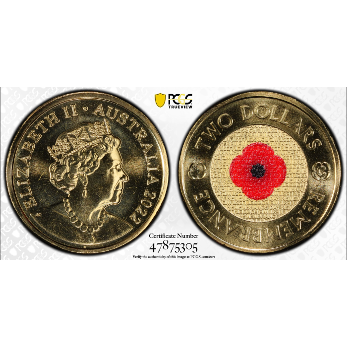 2022-C Australia $2 Dollar Red Poppy Coin - Remembrance Day - PCGS Graded MS67