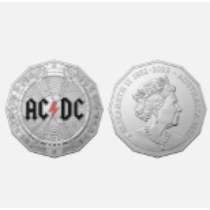 2023  50c  ACDC 50th ANNIVERSARY COLOURED CARDED COIN