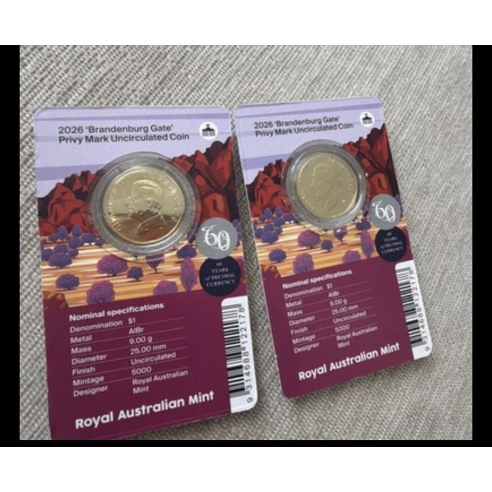 1x 2026 $1 Berlin WMF Mob of 6 Roos Brandenburg Gate Privy Mark Carded Coin