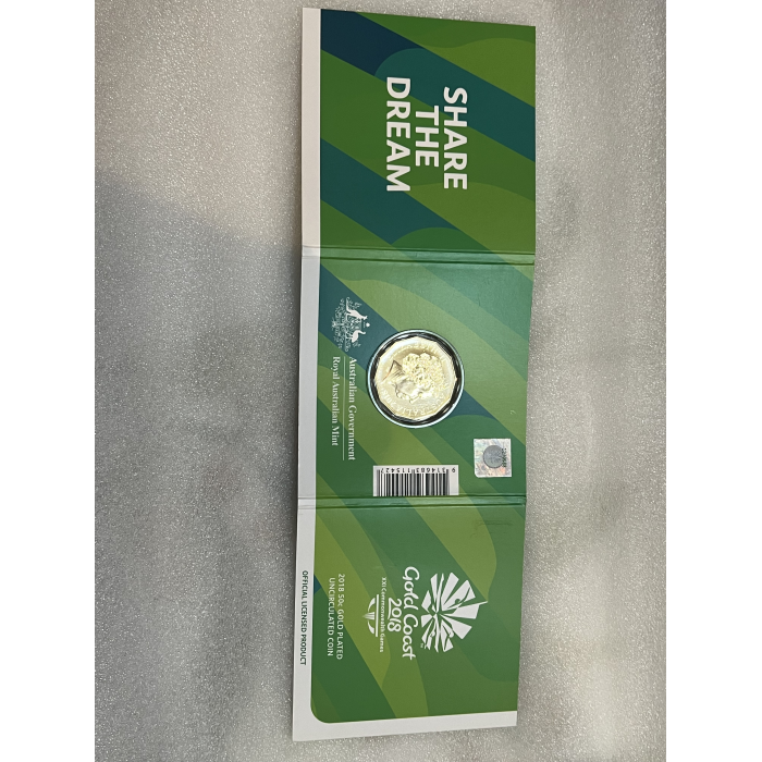 Gold Coast 2018 Commonwealth Games Gold Plated 50c coin in trifold card