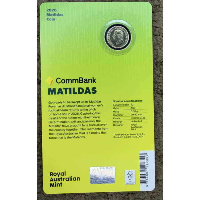 2026 $2 Matildas Coloured Coin in Card – Royal Australian Mint UNC