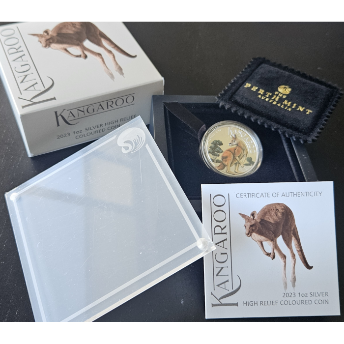 2023 1 Oz Silver High Relief Coloured Kanagaroo Coin - Mintage: 5000