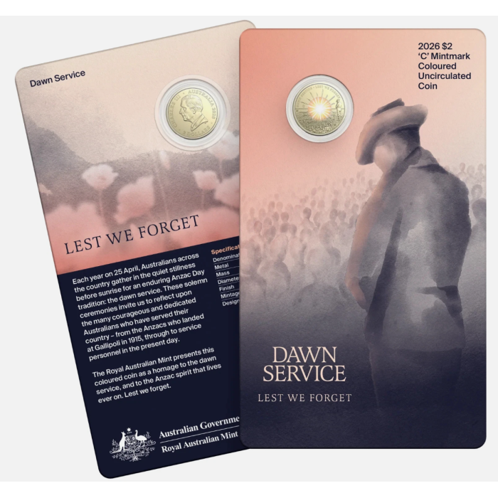 2026  $2  C MINT DAWN SERVICE LEST WE FORGET CARDED COIN