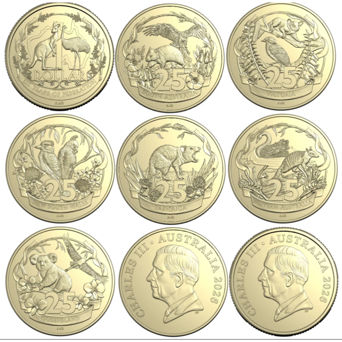 Australia 125 Years of Federation 2026 25c & $1 Uncirculated 7-Coin Set In Tin