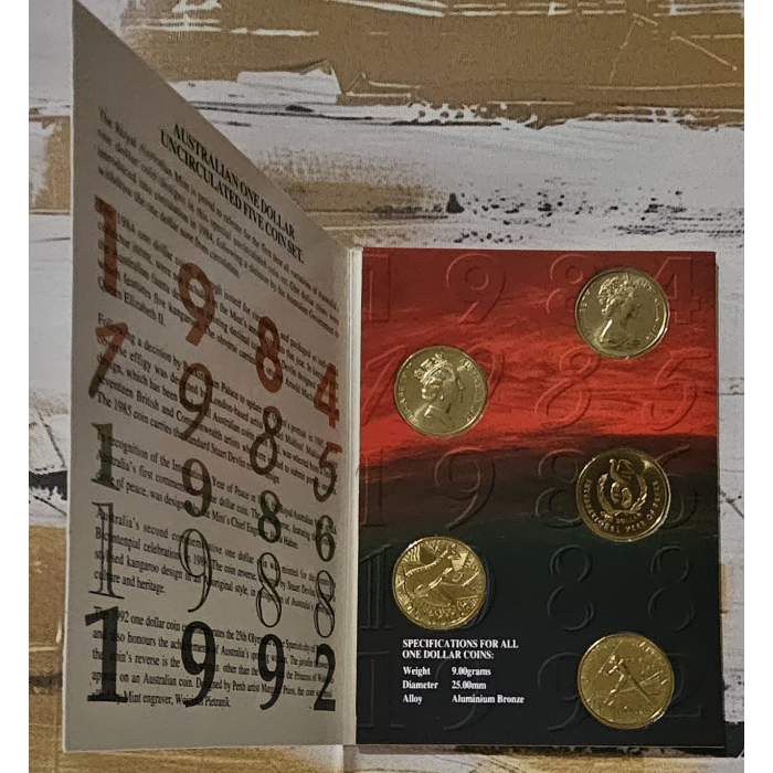 The Australian One Dollar Five Uncirculated Coin Set - 1984 to 1992