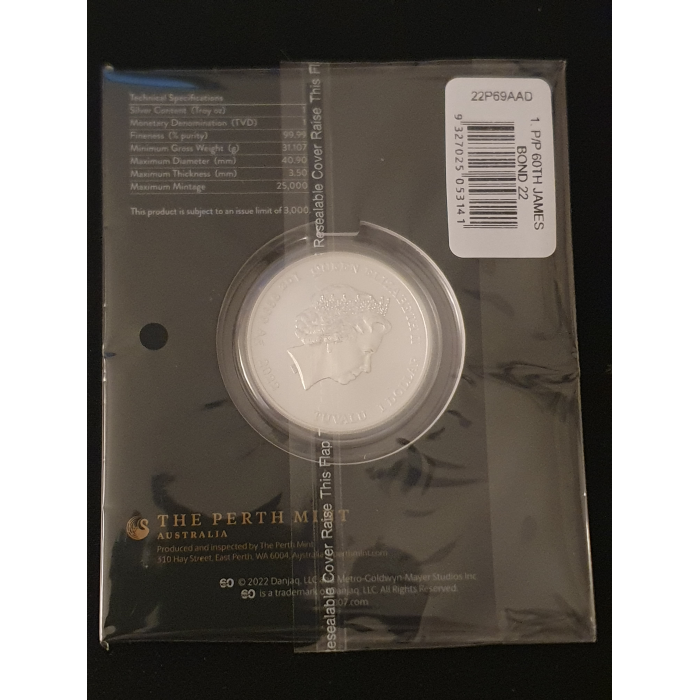 2022 60 Years of James Bond 007 1oz Silver Coin in Original Acrylic and Card