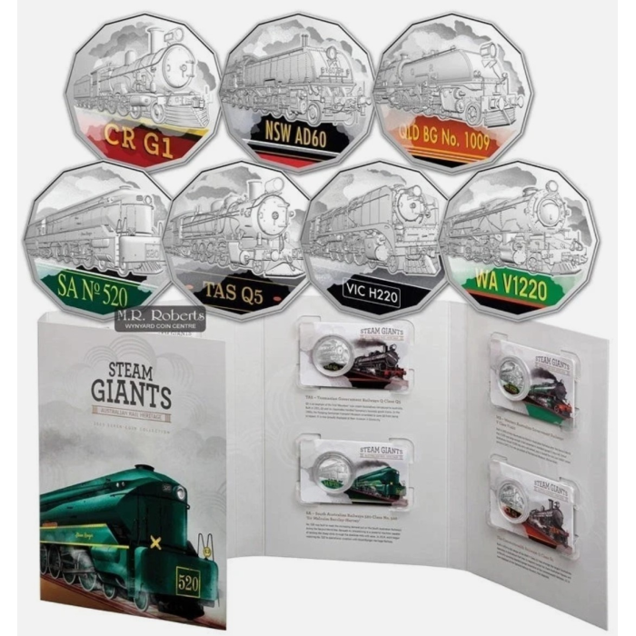 2025   50c COLOURED STEAM GIANTS TRAIN 7 COINS IN FOLDER SET