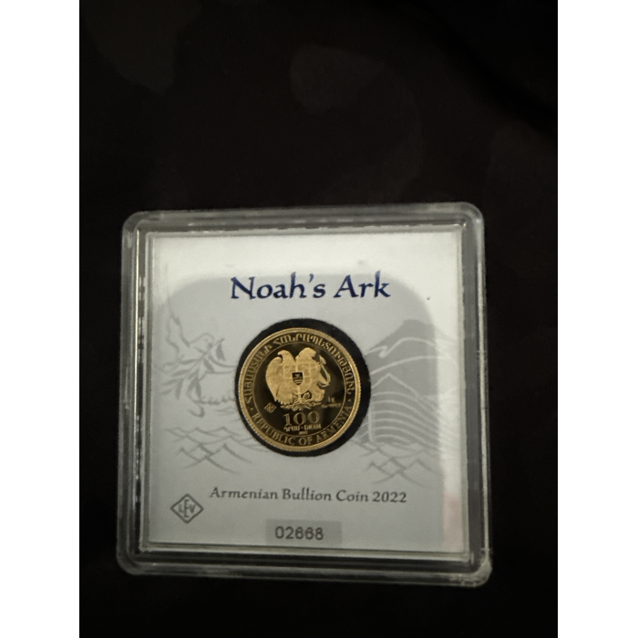 2022 Armenia Noah’s Ark 1g Gold Coin 100 Dram. Capsulated serial number 02668