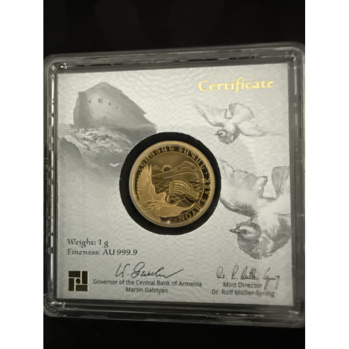 2022 Armenia Noah’s Ark 1g Gold Coin 100 Dram. Capsulated serial number 02668
