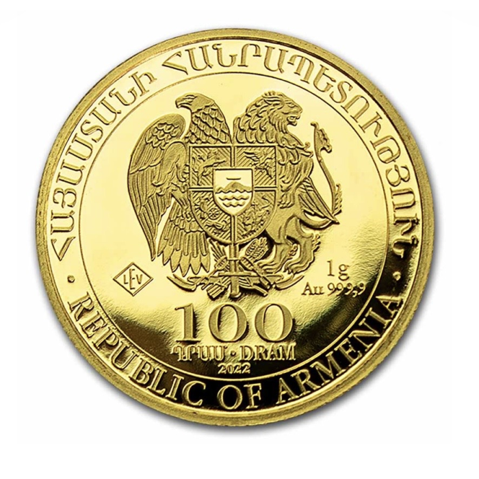 2022 Armenia Noah’s Ark 1g Gold Coin 100 Dram. Capsulated serial number 02668