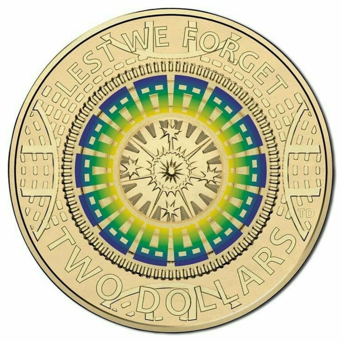 Lest We Forget 2017 Mosaic ANZAC $2 Two Dollar Coloured Coin Rare Australia UNC