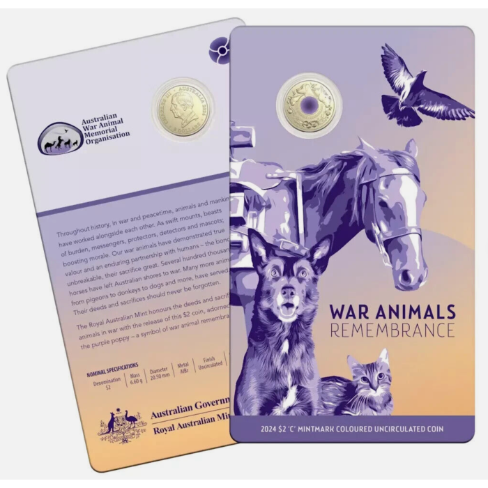 2024 $2 War Animals Remembrance- Purple Poppy C Mint Mark Carded Coin