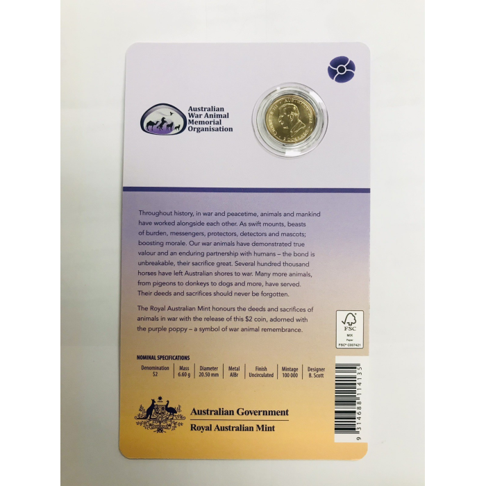 2024 $2 War Animals Remembrance- Purple Poppy C Mint Mark Carded Coin