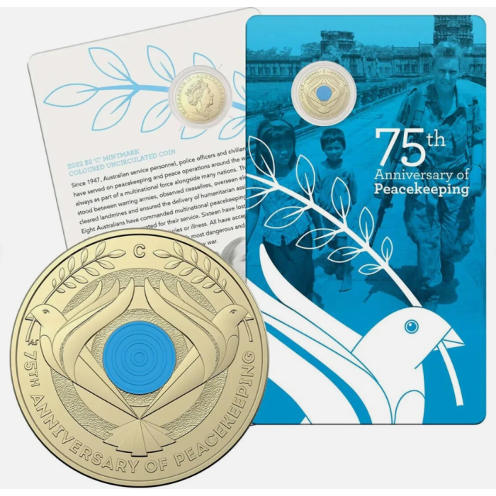 2022  $2  C MINT  75th ANNIVERSARY OF PEACEKEEPING COLOURED CARDED COIN
