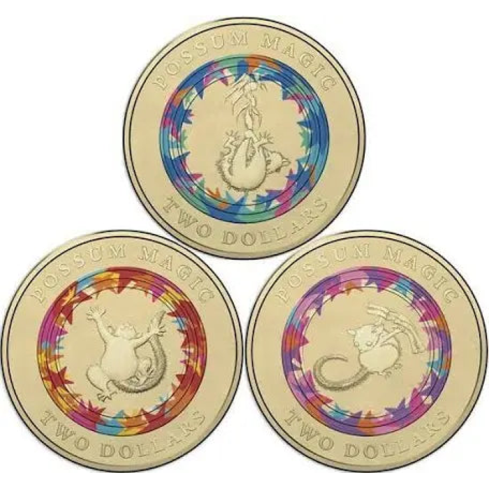 3x UNC Possum Magic $2 Coins - In Lighthouse Capsules (Full Set)