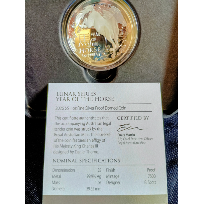 Lunar Series – Year of the Horse  2026 - $5 1 oz Fine Silver Proof Domed Coin