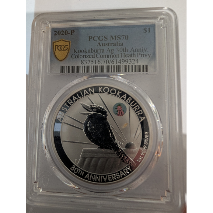2020-P Kookaburra Ag 30th Anniv. colorised commin heath privy MS70 Top Pop PCGS