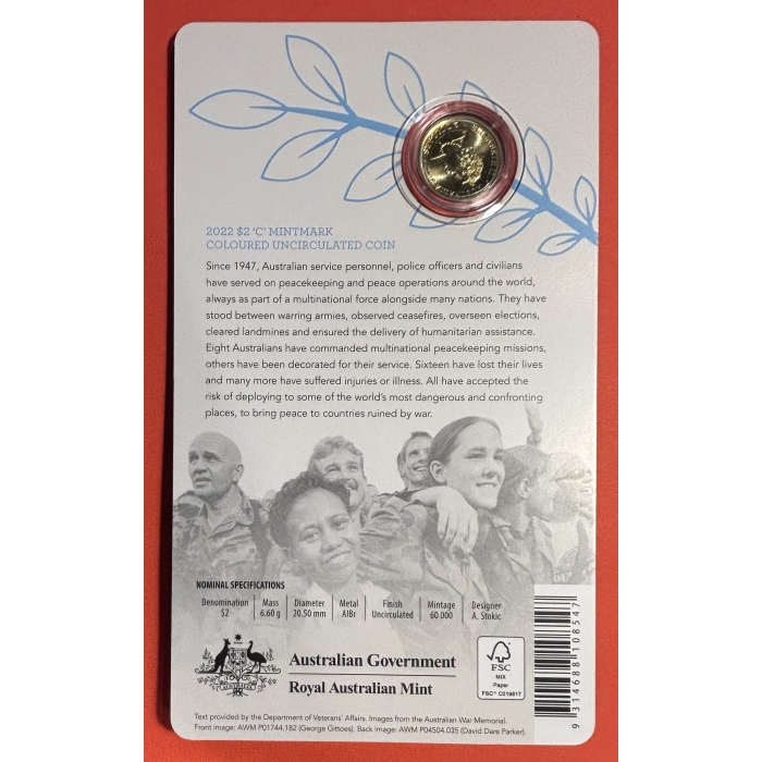 2022 $2 “C” MINTMARK Coloured Uncirculated Coin -75 Anniversary of  Peacekeeping