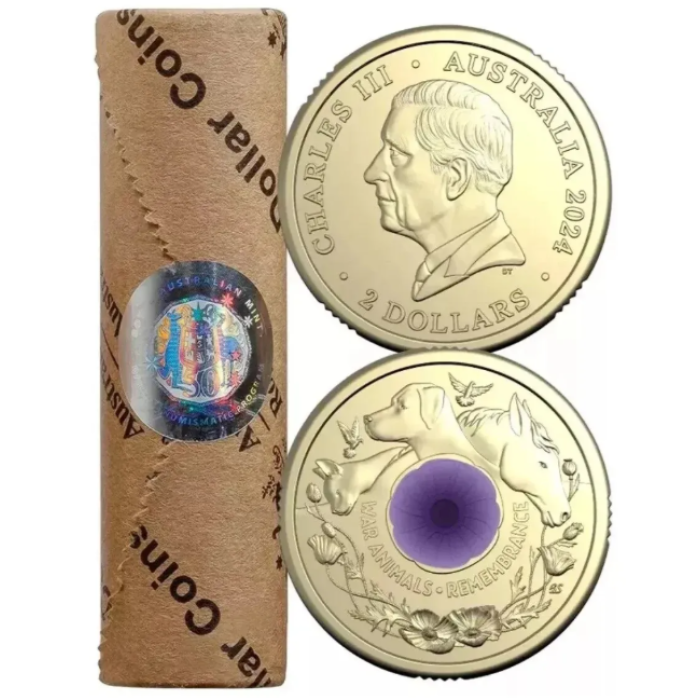 2024  $2  WAR ANIMALS REMEMBRANCE PURPLE POPPY RAM PREMIUM ROLL IN TUBE