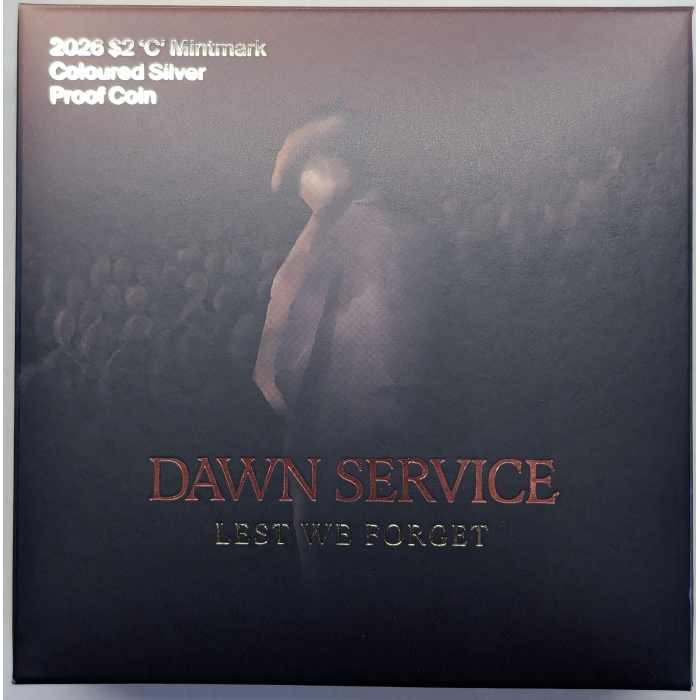 2026 $2 'C' Mintmark Coloured Silver Proof Coin - Dawn Service Lest We Forget