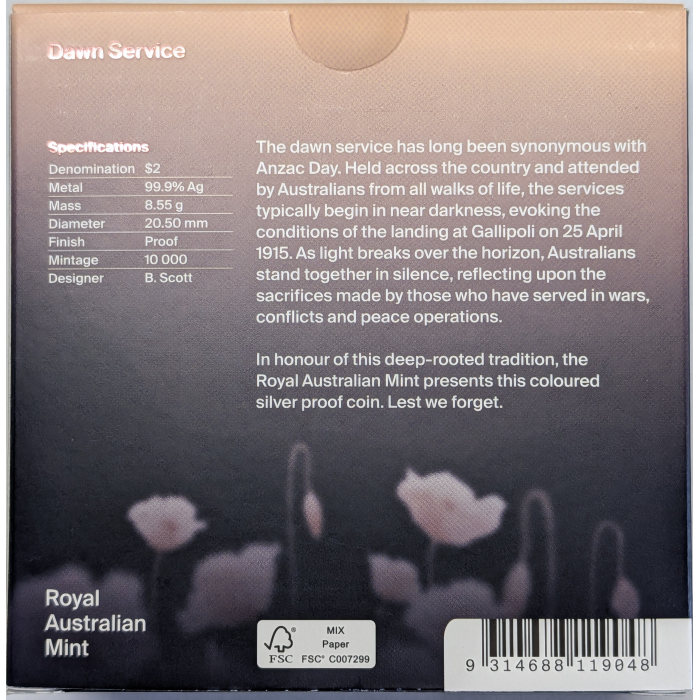 2026 $2 'C' Mintmark Coloured Silver Proof Coin - Dawn Service Lest We Forget