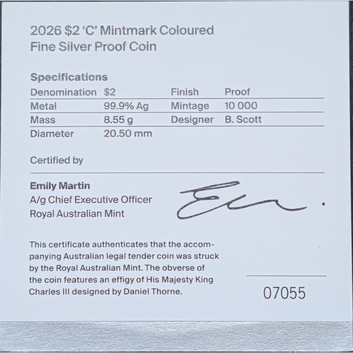 2026 $2 'C' Mintmark Coloured Silver Proof Coin - Dawn Service Lest We Forget