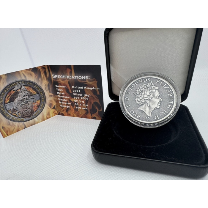 Great Britain 5 Pounds 2021 Silver 2 Oz "Queen's Beast's Greyhound" Iron Power