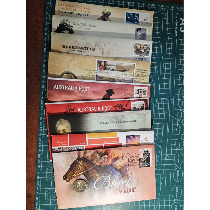 Lot of 9 early aus history pnc's, holey dollar,black caviar, aus post, Burke n w