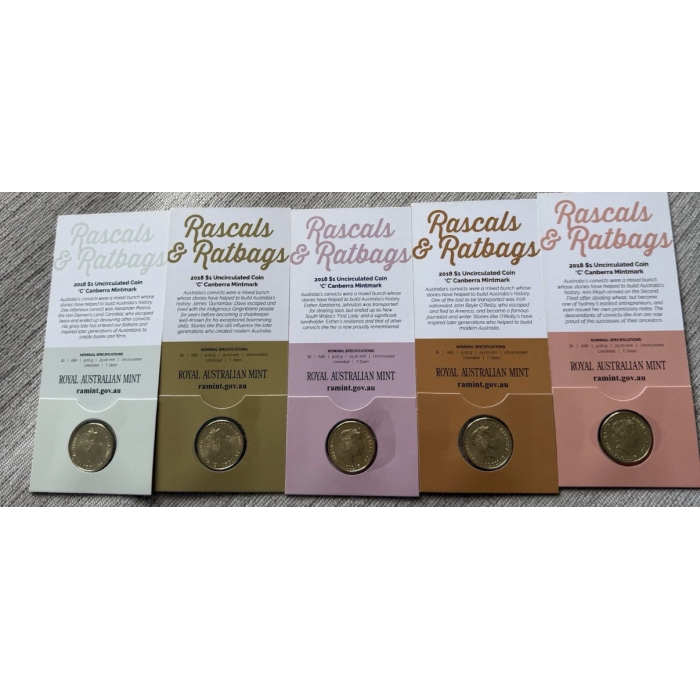 2018 $1 Rascals & Ratbags Australia. Uncirculated 5 Coin Set In Individual Cards