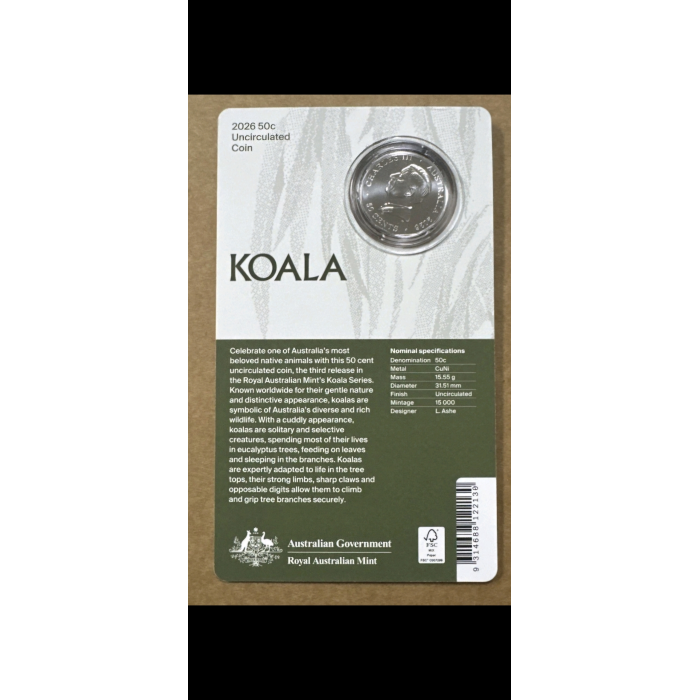 2026 50c Uncirculated Coin Koala Series. 15000 Mintage