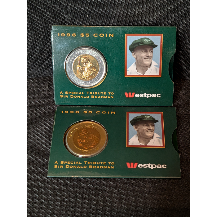 1996 Sir Donald Bradman $5 Dollar Uncirculated Bi Metal Coin Cricket Ashes