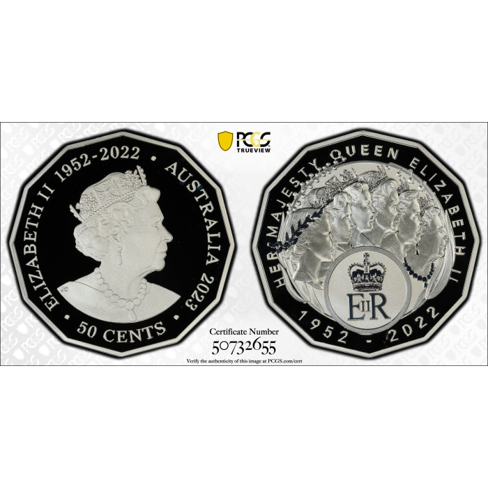 2023  50c  HER MAJESTY QUEEN ELIZABETH II SIX EFFIGIES REGINA SP PCGS PR69DCAM